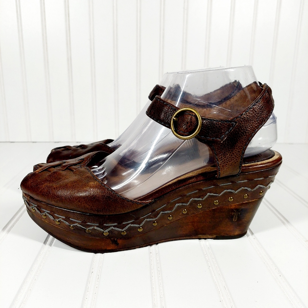 Frye Blair Lace Up Brown Leather Peep Toe Ankle Strap Wedge Sandals A152